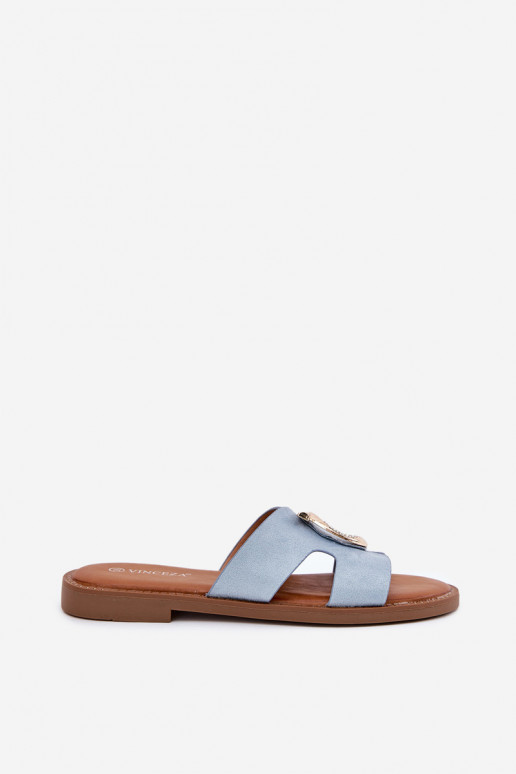 Chinelos femininos com salto largo com enfeites Vinceza 17381 cor azul