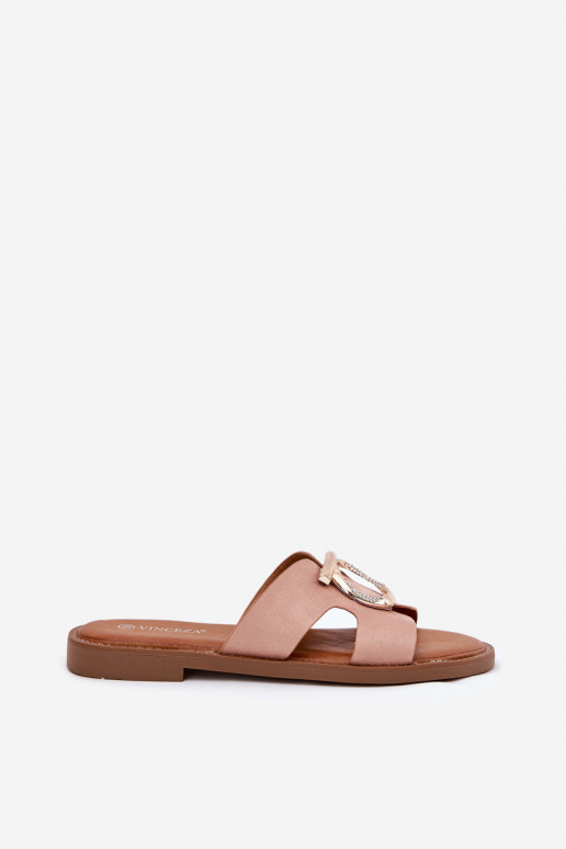 Chinelos femininos com salto largo com enfeites Vinceza 17381 bege