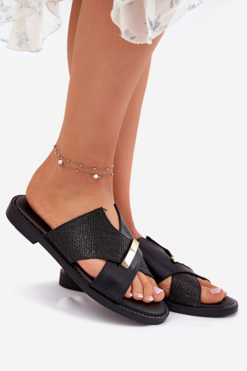 Chinelos rasos femininos Com decorações Detalem Vinceza 17385 cor preta 2