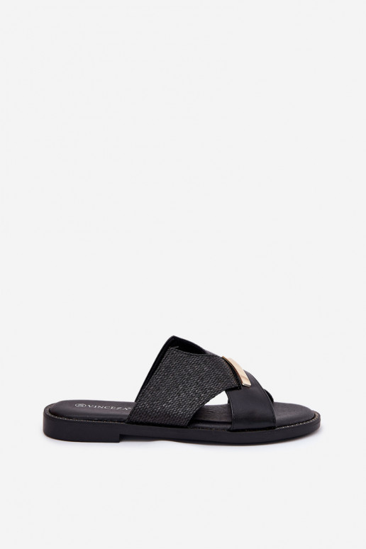 Chinelos rasos femininos Com decorações Detalem Vinceza 17385 cor preta