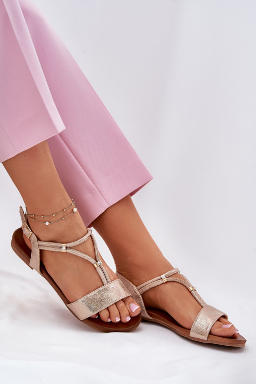 Feminino Sandálias rasteiras com listras S.Barski KV51-120 cor ouro rosa Feminino Sandálias rasteiras com listras S.Barski KV51-120 cor ouro rosa