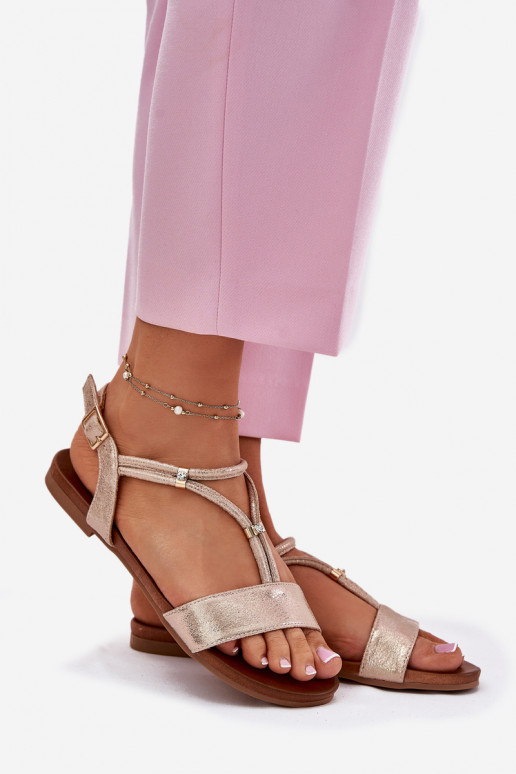 Feminino Sandálias rasteiras com listras S.Barski KV51-120 cor ouro rosa Feminino Sandálias rasteiras com listras S.Barski KV51-120 cor ouro rosa
