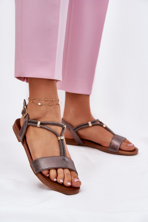 Feminino Sandálias rasteiras com listras S.Barski KV51-120 cor cinza Feminino Sandálias rasteiras com listras S.Barski KV51-120 cor cinza