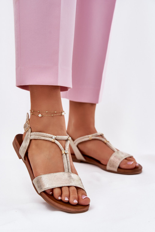 Feminino Sandálias rasteiras com listras S.Barski KV51-120 cor dourada Feminino Sandálias rasteiras com listras S.Barski KV51-120 cor dourada