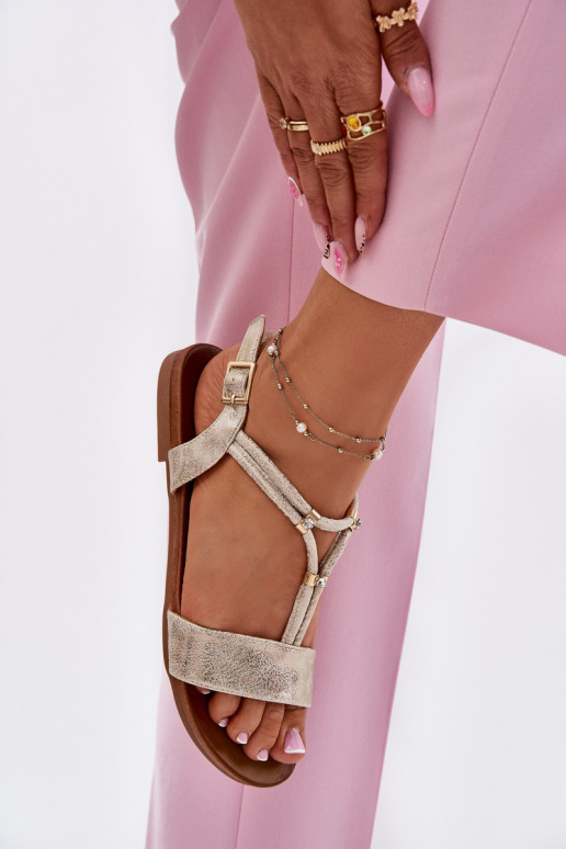 Feminino Sandálias rasteiras com listras S.Barski KV51-120 cor dourada Feminino Sandálias rasteiras com listras S.Barski KV51-120 cor dourada