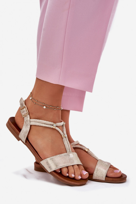 Feminino Sandálias rasteiras com listras S.Barski KV51-120 cor dourada Feminino Sandálias rasteiras com listras S.Barski KV51-120 cor dourada