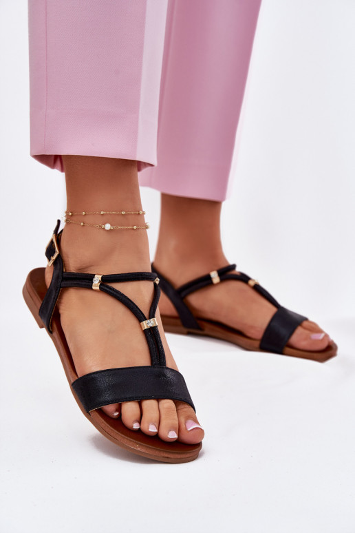 Feminino Sandálias rasteiras com listras S.Barski KV51-120 cor preta Feminino Sandálias rasteiras com listras S.Barski KV51-120 cor preta