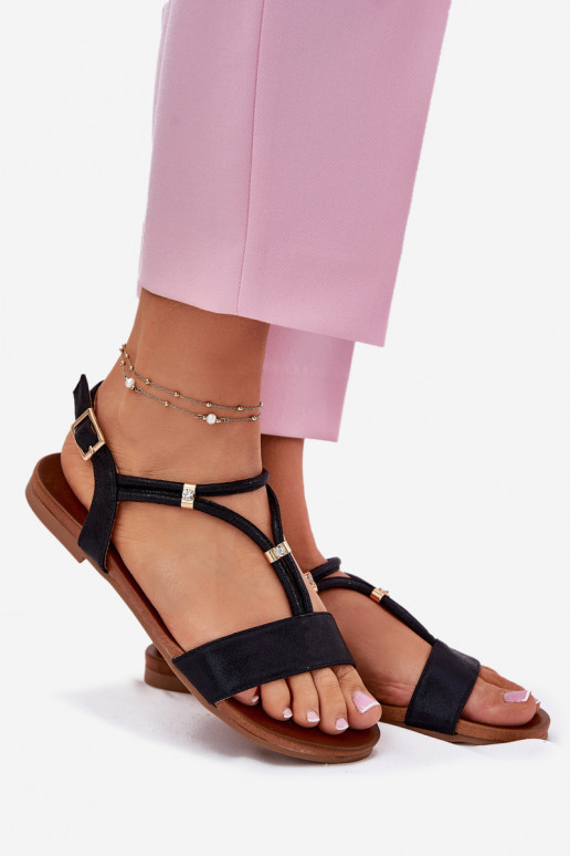 Feminino Sandálias rasteiras com listras S.Barski KV51-120 cor preta Feminino Sandálias rasteiras com listras S.Barski KV51-120 cor preta