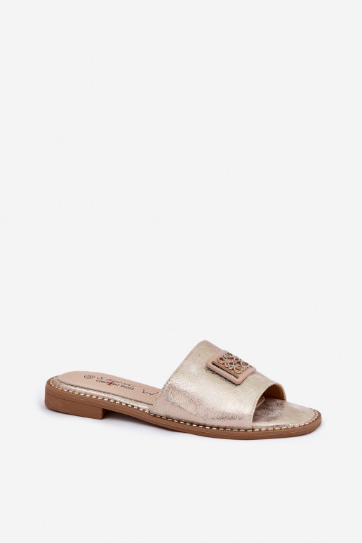 Chinelos rasos femininos com enfeites S.Barski KV51-089 cor dourada
