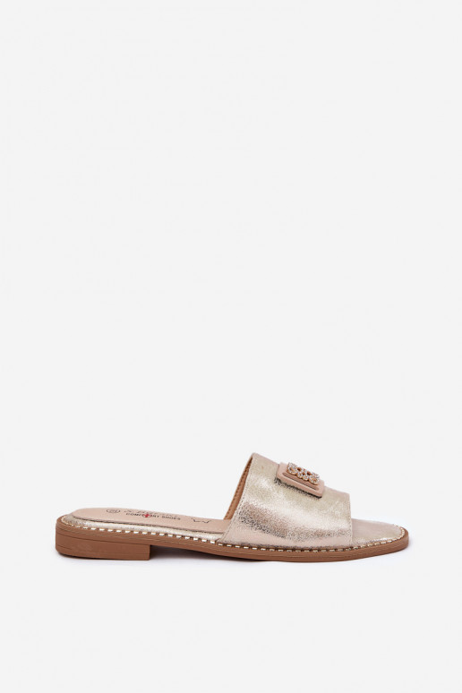 Chinelos rasos femininos com enfeites S.Barski KV51-089 cor dourada