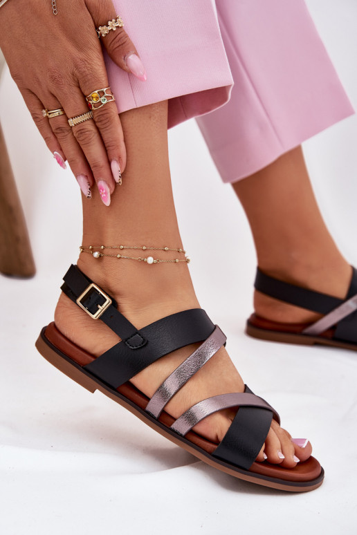 Sandálias femininas com salto largo com listras Sergio Leone SK086H cor preta Sandálias femininas com salto largo com listras Sergio Leone SK086H cor preta