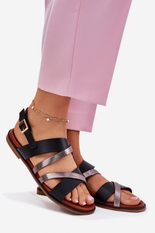 Sandálias femininas com salto largo com listras Sergio Leone SK086H cor preta Sandálias femininas com salto largo com listras Sergio Leone SK086H cor preta