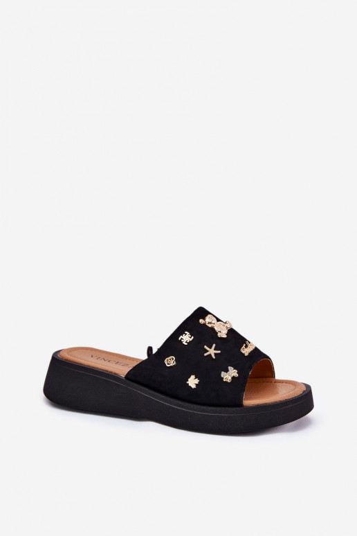 Chinelos femininos de camurça Z Przypinkami Vinceza 66741 cor preta