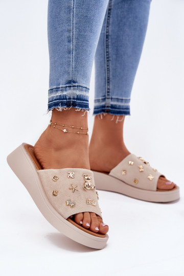 Chinelos elegantes femininos de cor preta com salto e detalhes dourados, Vinceza 62229