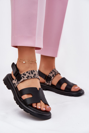 Sapatos femininos pretos com saltos largos e estampa de leopardo, Vinceza 66780
