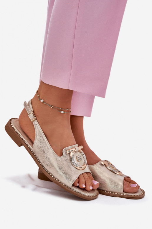 Estilo elegante sandálias com enfeites com salto largo S.Barski KV51-003 cor dourada Estilo elegante sandálias com enfeites com salto largo S.Barski KV51-003 cor dourada