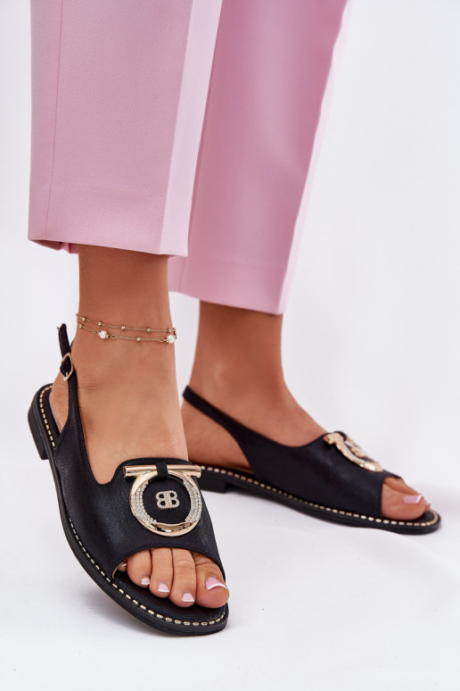 Estilo elegante sandálias com enfeites com salto largo S.Barski KV51-003 cor preta Estilo elegante sandálias com enfeites com salto largo S.Barski KV51-003 cor preta