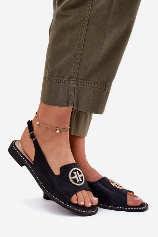 Sandálias femininas com salto largo com enfeites S.Barski KV51-002 cor preta Sandálias femininas com salto largo com enfeites S.Barski KV51-002 cor preta