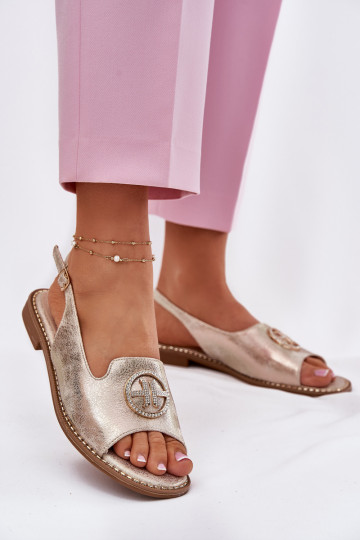 Sandálias femininas com salto largo com enfeites S.Barski KV51-002 cor dourada