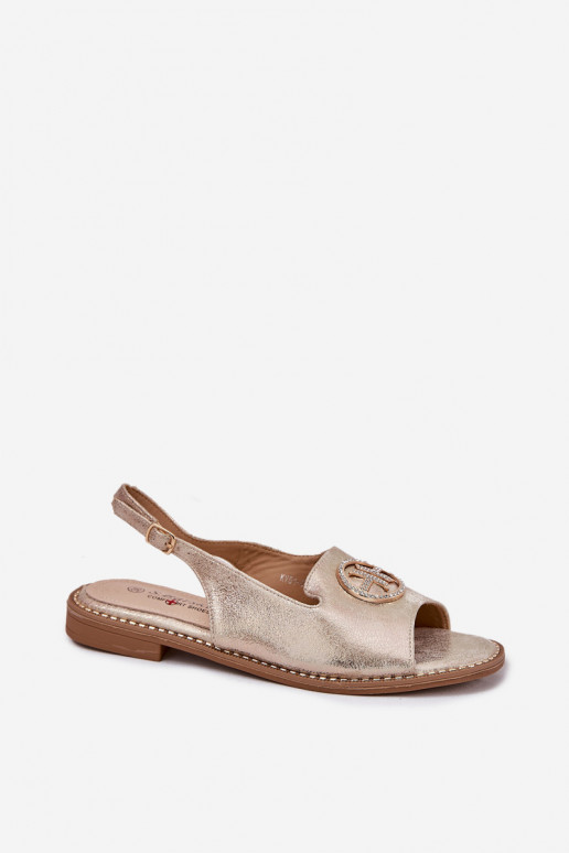 Sandálias femininas com salto largo com enfeites S.Barski KV51-002 cor dourada Sandálias femininas com salto largo com enfeites S.Barski KV51-002 cor dourada