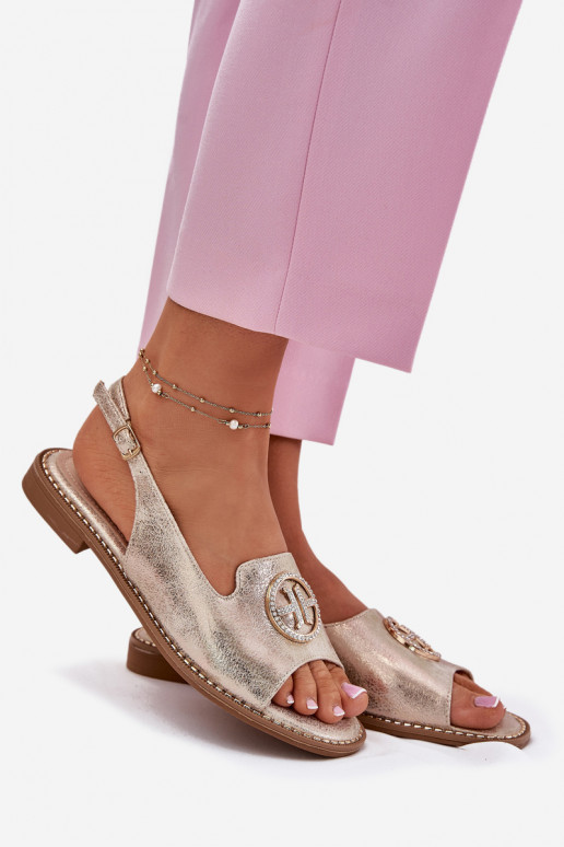 Sandálias femininas com salto largo com enfeites S.Barski KV51-002 cor dourada Sandálias femininas com salto largo com enfeites S.Barski KV51-002 cor dourada