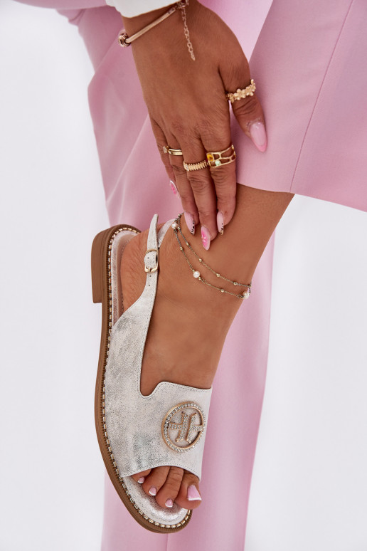 Sandálias femininas com salto largo com enfeites S.Barski KV51-002 cor prata Sandálias femininas com salto largo com enfeites S.Barski KV51-002 cor prata