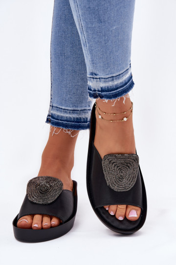 Pele Feminino Chinelos com enfeites KV51-028 cor preta 2