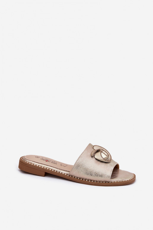 Chinelos femininos com salto largo Com decorações Detalem KV51-007 cor dourada