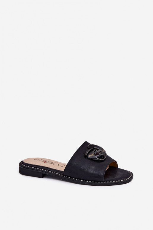 Chinelos femininos com salto largo Com decorações Detalem KV51-007 cor preta