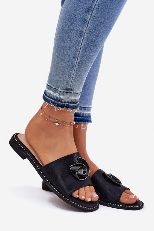 Chinelos femininos com salto largo Com decorações Detalem KV51-007 cor preta