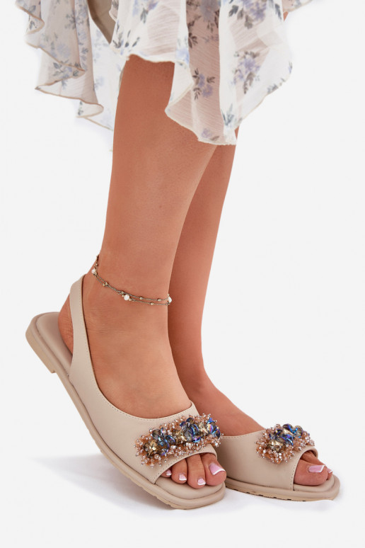 Sandálias rasteiras para mulheres com olhos brilhantes S.Barski KV51-079 bege Sandálias rasteiras para mulheres com olhos brilhantes S.Barski KV51-079 bege