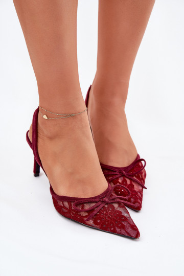 com motivos de renda sapatos de salto alto com salto aberto Borgonha Annivirae 2