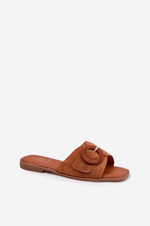 Chinelos femininos com salto largo com fivelas cor marrom Lanoni