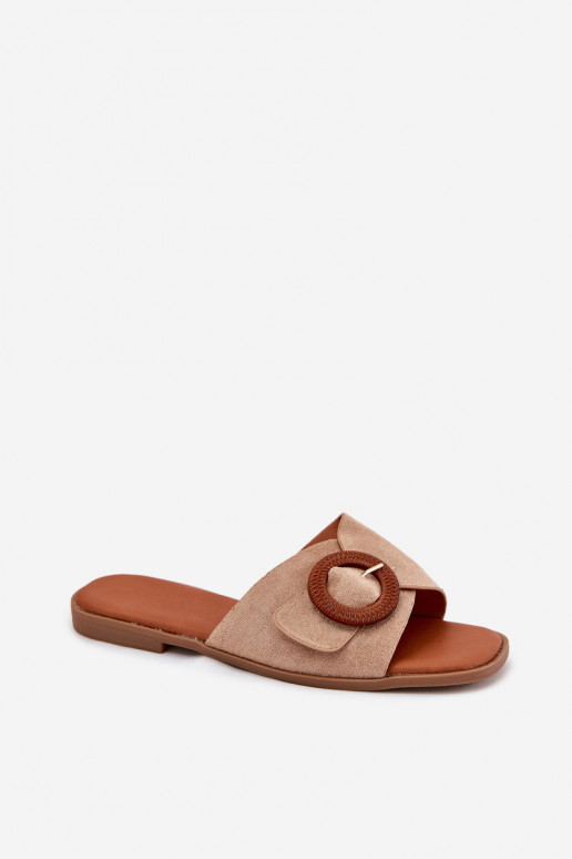 Chinelos femininos com salto largo com fivelas bege Lanoni