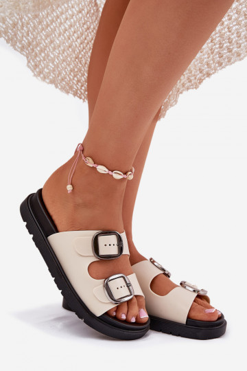 Chinelos femininos com fivelas com uma plataforma bege Elamas