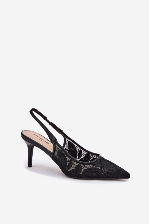 com motivos de renda sapatos de salto alto sandálias com salto aberto cor preta Lisaviela com motivos de renda sapatos de salto alto sandálias com salto aberto cor preta Lisaviela