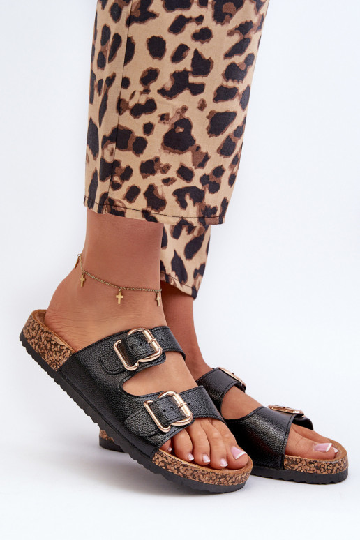 Chinelos femininos com fivelas cor preta Fronila