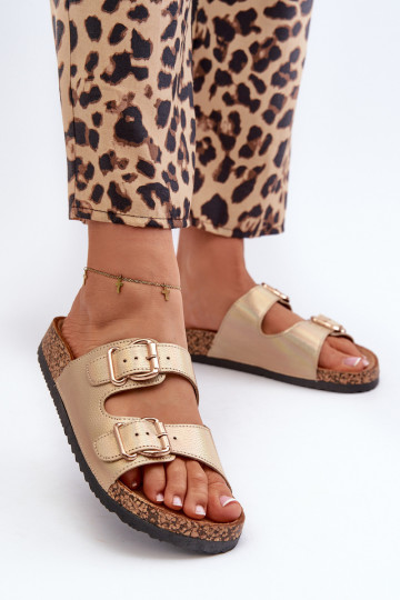 Chinelos femininos com fivelas cor dourada Fronila