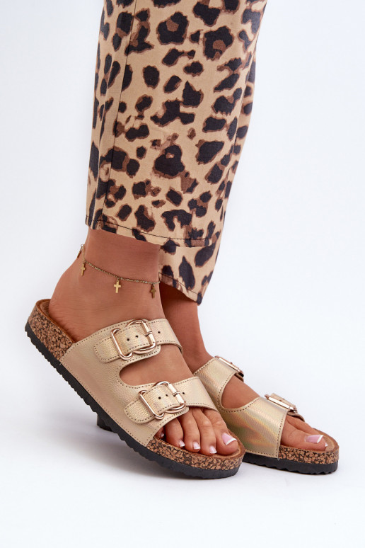 Chinelos femininos com fivelas cor dourada Fronila