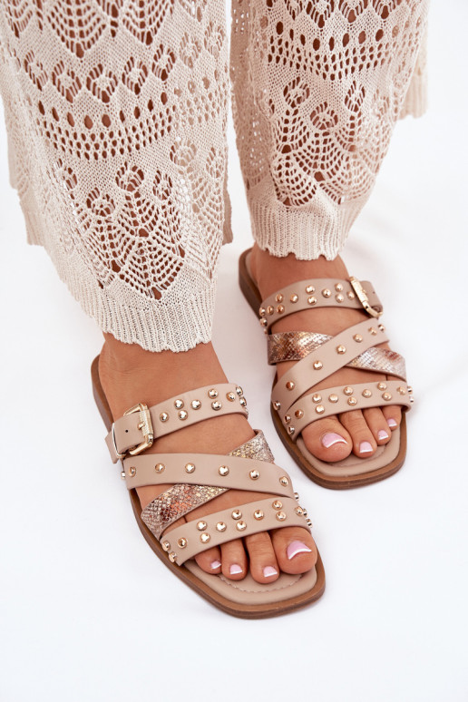 Decorado Chinelos femininos com salto largo com listras I com fivelas bege Tem que sernitte