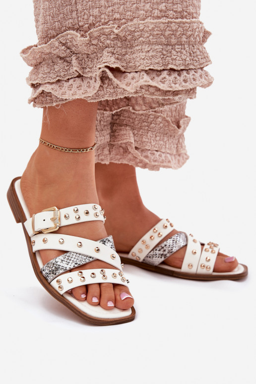 Decorado Chinelos femininos com salto largo com listras I com fivelas cor branca Tem que sernitte