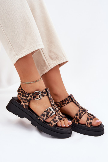 Sandálias femininas de couro sintético com fivelas Jeneliena com estampas de leopardo