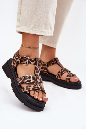 Sandálias femininas de couro sintético com fivelas Jeneliena com estampas de leopardo 2