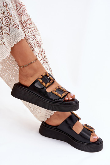 Eko Chinelos de couro Feminino com uma plataforma com fivelas cor preta Xanivia