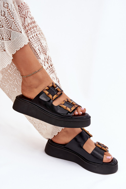 Eko Chinelos de couro Feminino com uma plataforma com fivelas cor preta Xanivia