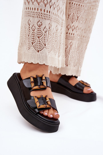 Eko Chinelos de couro Feminino com uma plataforma com fivelas cor preta Xanivia 2