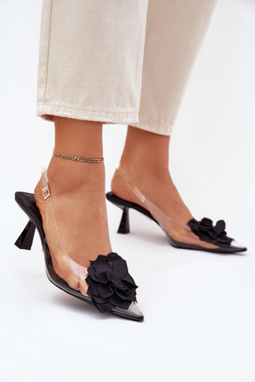Transparente sandálias com salto fino Com decorações Uma flor cor preta Risalie