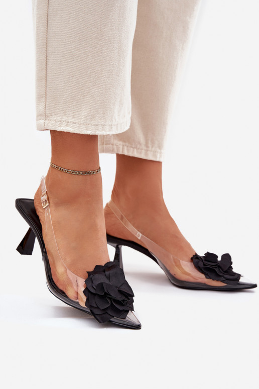 Transparente sandálias com salto fino Com decorações Uma flor cor preta Risalie