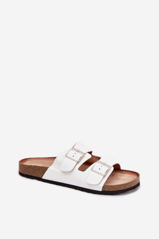 Chinelos femininos com uma plataforma com fivelas cor branca Evisolla