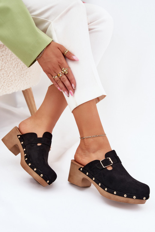 Chinelos Tamancos Feminino com salto com fivelas cor preta Veldexina